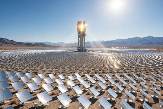 Vast Solar Power Plant with Concentrated Solar Power Tower and Heliostats.