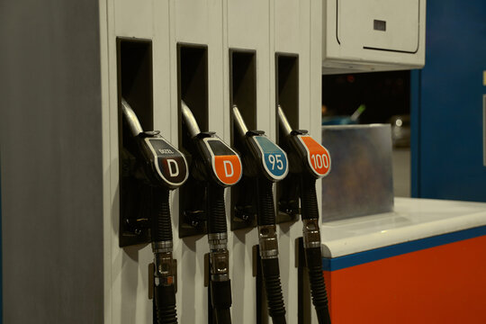 octane number value 95 100 Fuel pump station with various fuel options available for drivers Fuel Dispenser for Gasoline and Diesel perspective view fuel pump nozzles and 95 98 diesel gas station