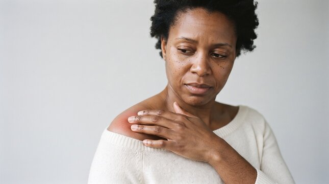 Woman massaging her shoulder with focused expression