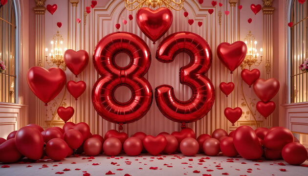 Red balloon number eighty three with heart shaped decorations for anniversary celebration event.