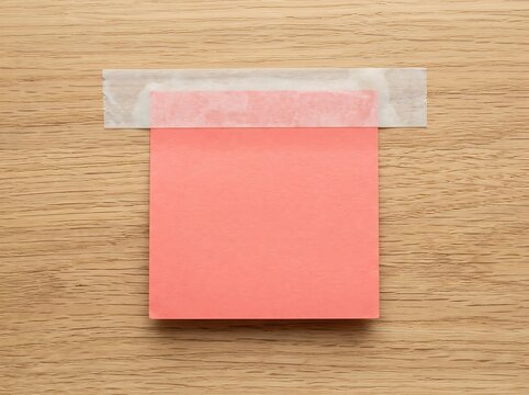 Blank coral orange sticky note attached with masking tape on textured wood reminder stationery adhesive background business organizer information communication template attachment