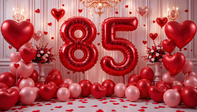 Red heart balloons near number eighty five for festive anniversary decoration.