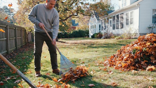 Man raking autumn leaves in suburban backyard with colorful fall foliage