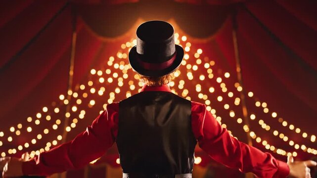Ringmaster in Top Hat Welcoming Audience in Circus Tent with Glowing Lights