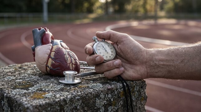 Concept of sports cardiology featuring a human anatomical heart model, stethoscope, and a stopwatch on a running track