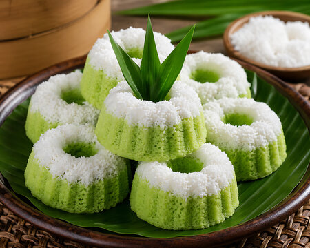 Putu ayu Cake with Grated Coconut, a mouth-watering sweet treat from Southeast Asia, evoking Indonesia's culinary heritage and refreshing tropical flavors, perfect for dessert or a snack.