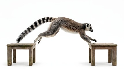Fototapeta premium Ring tailed lemur leaping between wooden blocks against white background