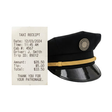 Isolated black driver hat with gold trim and badge next to a printed taxi receipt detailing fare and tip on a transparent background.