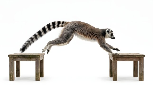 Ring tailed lemur leaping between wooden blocks against white background