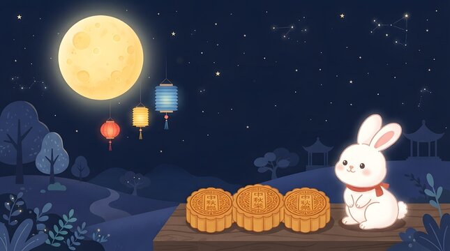 A cute white rabbit sits beside delicious mooncakes under a bright full moon during the traditional mid autumn festival night celebration in