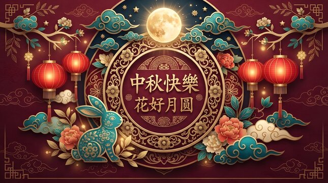 A festive illustration featuring a full moon and traditional lanterns celebrating the beautiful mid autumn festival in china with intricate golden decorative