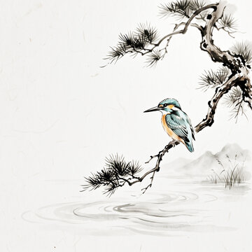 Serene traditional ink painting featuring a colorful kingfisher perched on a pine branch. Ideal for zen wall art, wellness branding, and minimalist designs.