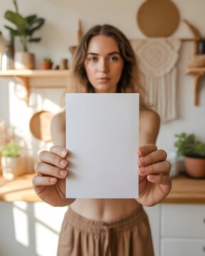 Mujer joven sosteniendo una tarjeta o papel en blanco hacia la c&aacute;mara en una cocina de estilo r&uacute;stico y bohemio