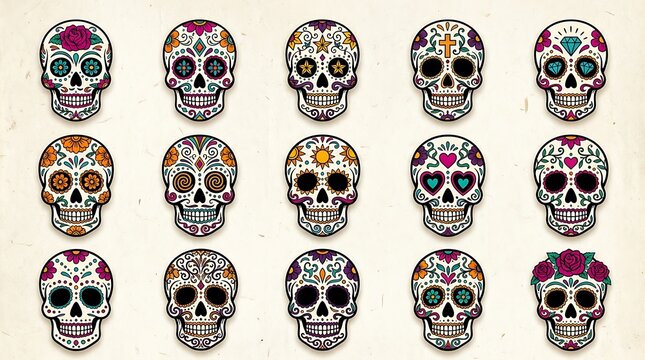 Set of decorative sugar skulls featuring intricate folk art patterns and vibrant floral motifs for festive celebrations with skull illustrations arranged