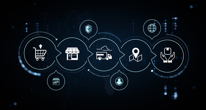 Digital commerce supply chain with shopping cart, storefront, delivery truck, location map, secure payment and global logistics icons on a dark background. 3D Rendering