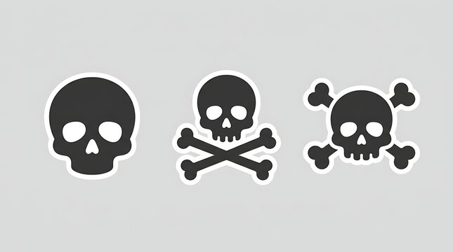 Minimalist skull and crossbones vector icon set for warning signs with outlines arranged horizontally horizontally against neutral