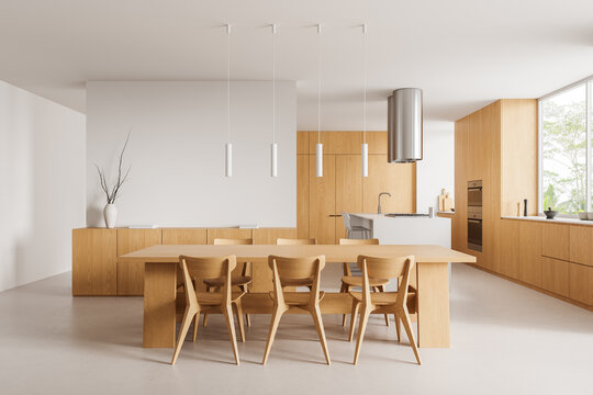 Contemporary oak kitchen and dining interior with minimalist cabinetry, pendant lights, spacious layout, and natural window light. 3D Rendering