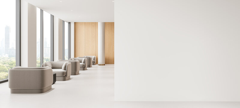 Contemporary minimalist office lounge interior with curved seating, panoramic windows, wood panels, and spacious architectural copy space. 3D Rendering
