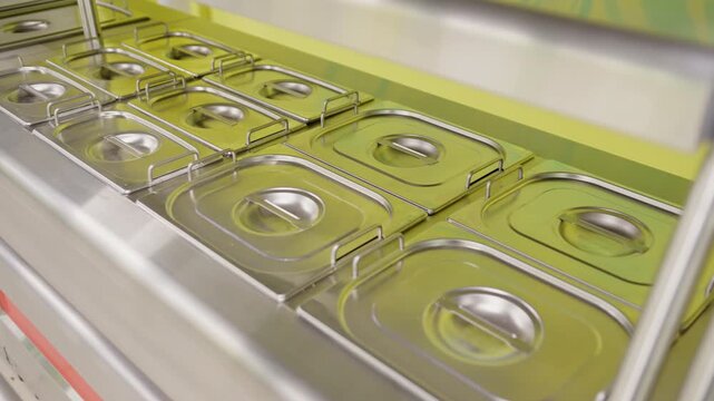 Food service counter features several rectangular containers covered with metallic lids. Food warming trays sit on self-service counter line