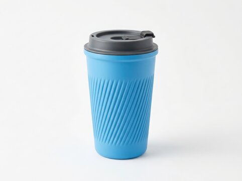 Light blue insulated travel mug with lid on white background isolated on white background