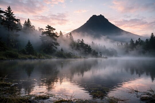 Misty Mountain Lake Sunrise Serenity.