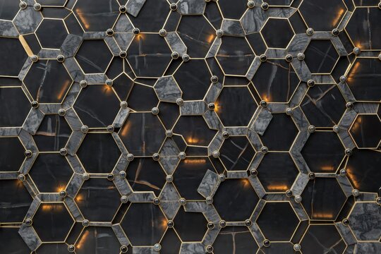 Geometric honeycomb pattern with dark marble hexagonal tiles, golden metal frames, and glowing warm lights embedded in the wall structure
