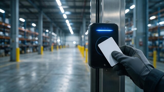 Worker wearing protective gray gloves scans a white electronic identification card against digital door reader for secure entry into large industrial logistics warehouse facility floor