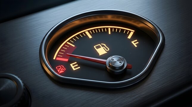 Close up view of a car fuel gauge dashboard indicator showing an empty tank warning with glowing backlight illuminated in a dark vehicle cabin interior