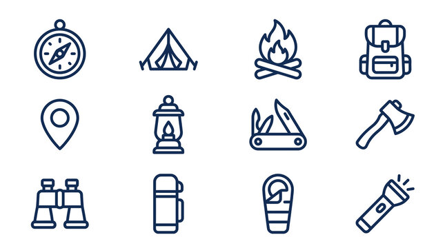 Dark blue camping and survival gear icons.