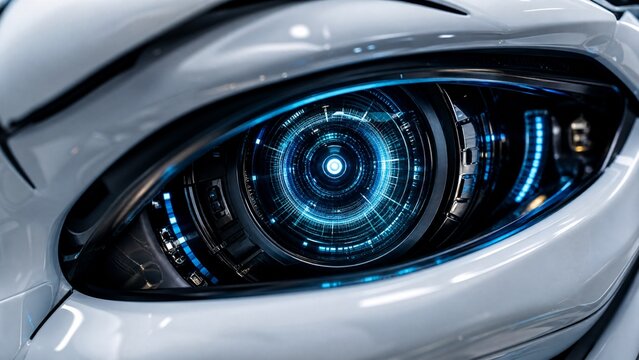 Close up of a futuristic robotic eye. Artificial intelligence concept with glowing blue lens.