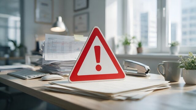 Red warning triangular sign with exclamation mark sits prominently upon stacks of business documents placed on a wooden office desk within a brightly lit workspace