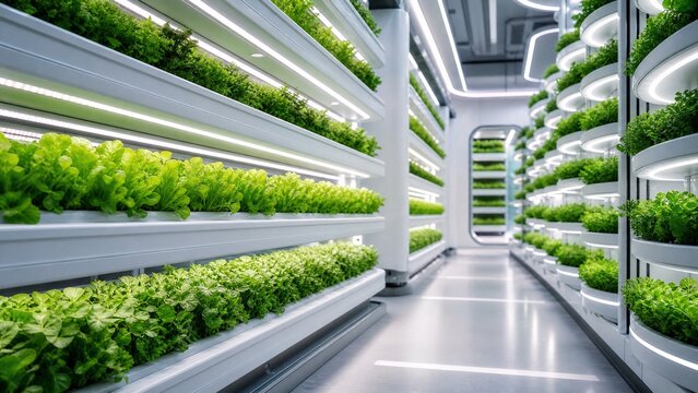 Vertical farming indoor facility. Modern hydroponic greenhouse with rows of fresh greens.