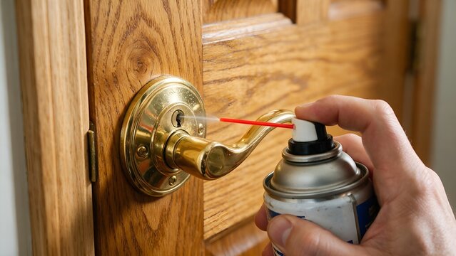 Hand applying lubricating spray into a brass door lock cylinder mechanism to smooth the operation of a stuck latch mounted on a wooden interior door