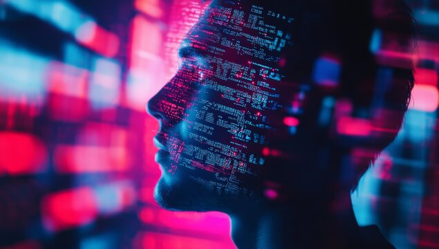 A double exposure of an AI-generated digital human face and futuristic computer code, representing the next wave in technological innovation. The background is filled 