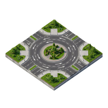 Isometric roundabout road tile with asphalt pavement, traffic lanes, and lush green landscaping, ideal for game assets and urban planning maps.