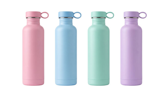 Reusable Pastel Water Bottle Set, Stainless Steel Thermo Flasks Isolated on Black Background