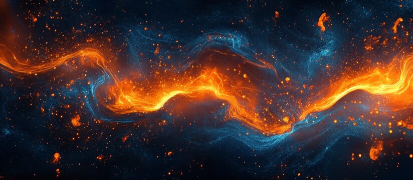 A glowing orange and blue wavy pattern with sparks on a dark background, creating an abstract digital art style wallpaper. The light particles create an ethereal glow that adds depth to the design