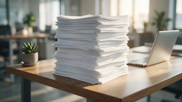 Tall stack of white printer paper sits neatly on a wooden office desk beside an open silver laptop under soft bright natural morning sunlight rays
