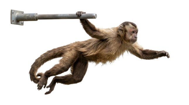 Agile monkey swinging on horizontal bar with dynamic motion isolated on white
