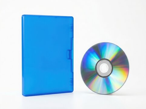 Blank blue dvd case with shiny cd disc on white background isolated on white background