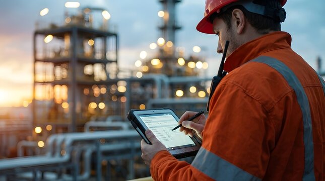 Industrial engineer using tablet for digital monitoring and maintenance at oil refinery plant facility during sunset