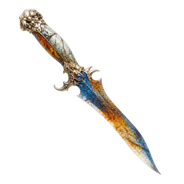 An isolated fantasy dagger featuring intricate golden engravings, a blue gemstone inlay, and an ornate handle on a transparent background.