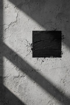 Minimalist Black Square on Textured Concrete with Dramatic Shadow.