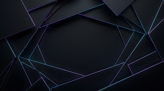 Dark abstract geometric background with overlapping black panels and glowing neon edges