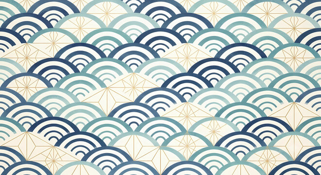 Elegant Wagara Pattern: Watercolor Seigaiha Waves with Gold Asanoha geometric lines on Textured White Paper