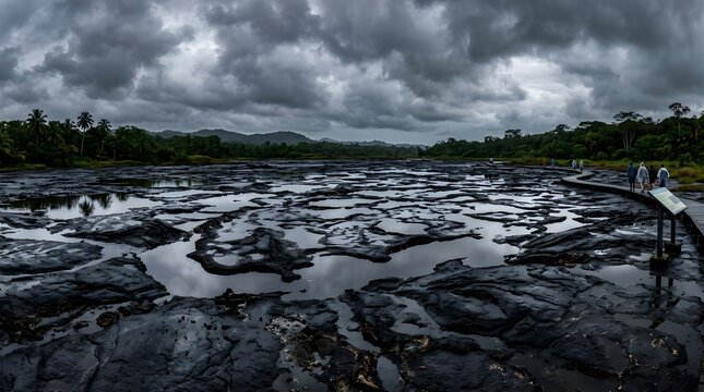 Tourists walking on a wooden boardwalk at a natural asphalt lake under a dramatic stormy sky.