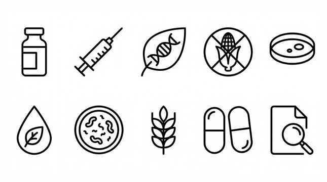 Biotechnology medical icons with syringe, DNA leaf, petri dish, medicine vial, pills, GMO corn, science research healthcare graphics.