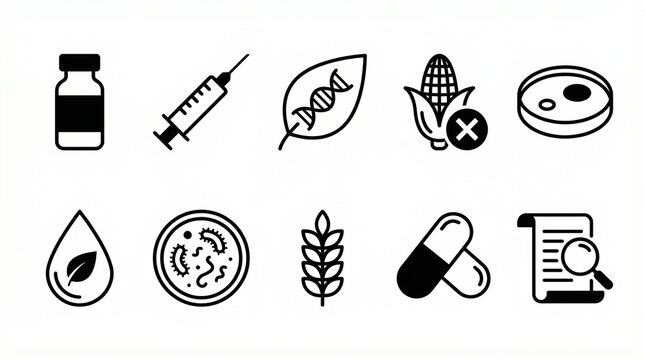 Biotechnology medical icons with syringe, DNA leaf, petri dish, medicine vial, pills, GMO corn, science research healthcare graphics.