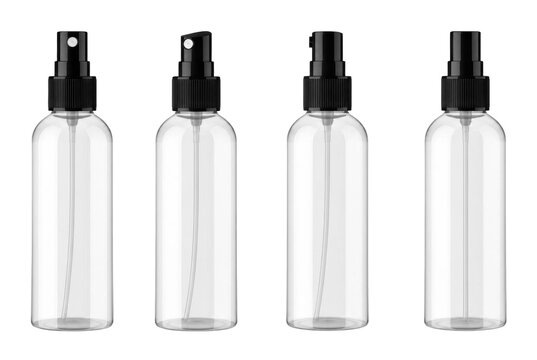 Set of four isolated clear plastic spray bottles with black pump dispensers, perfect for cosmetic and skincare packaging mockups.