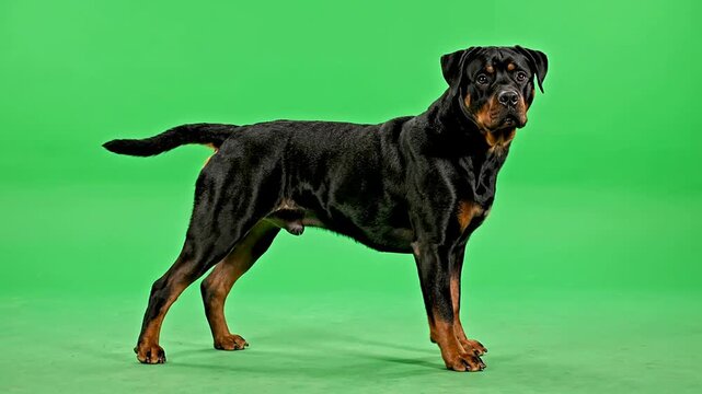 Confident Rottweiler Pet Stands Proudly on Vibrant Green Screen Background for Professional Use